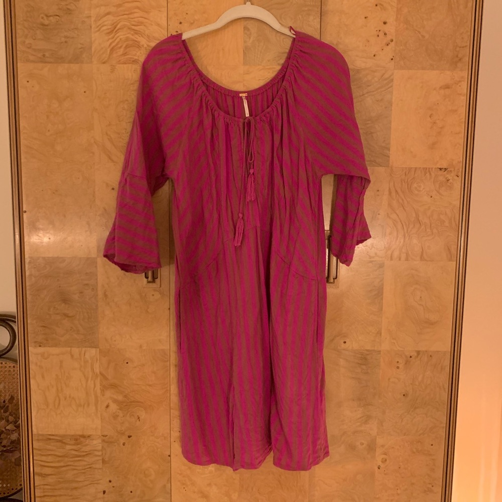 Free People Pink Striped Linen Peasant Dress L